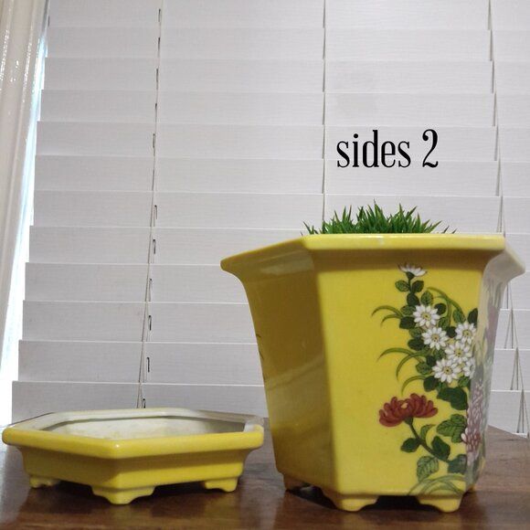 Vintage Yellow Floral Japanese Flower Pot w/Drip Tray 5.5"H - Picture 3 of 9